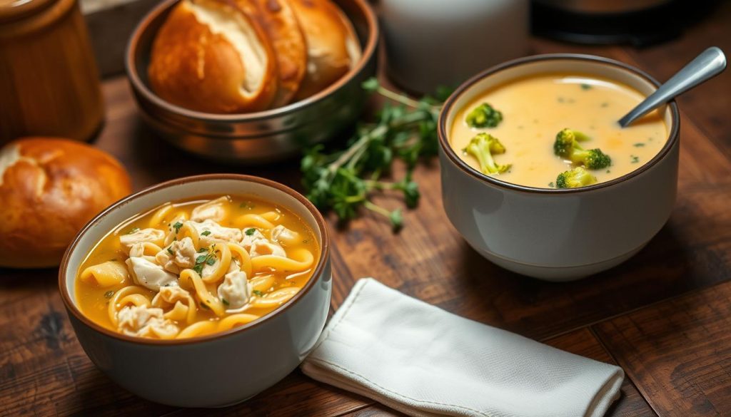 chicken noodle and broccoli cheddar soups